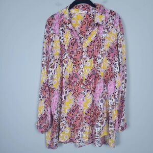 Jane & Delancey Womens Size Large Button Front Blouse Shirt Pink Yellow Floral